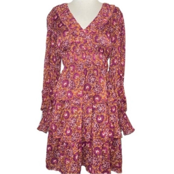 House Of Harlow 1960 Red Floral SmockedCuff Surplice Neck Tiered Ruffle Dress 10 - Picture 5 of 16